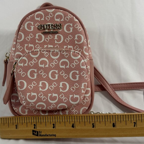 GUESS Mini Backpack Pink Logo Print Faux Leather with a Gold Tone Chain Strap - Picture 3 of 8